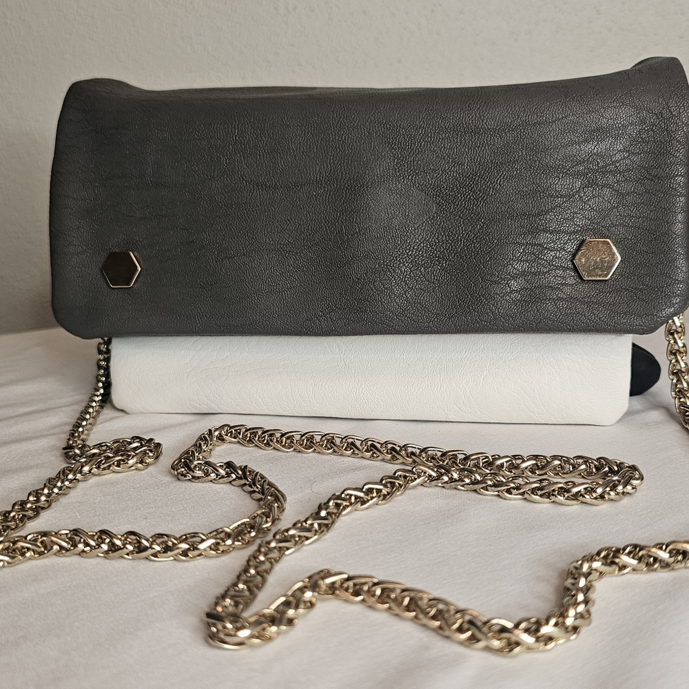 [CESCA] Gray, Wht & Blk Vegan Leather Crossbody Bag/Clutch Removable Gold Chain - Picture 8 of 15